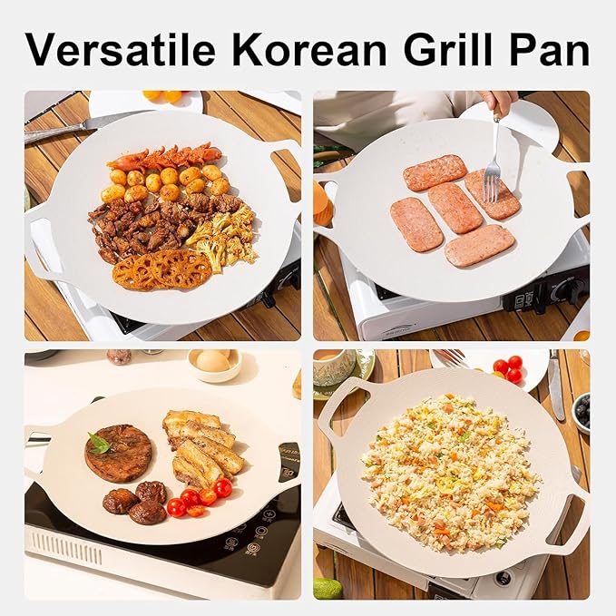 Korean bbq Grill Pan - 13" kbbq Grill ， Round Aluminum GriddleGriddle with Silicon Handles ，Nonstick Skillet Camping Wok for Indoor & Outdoor, Works on Induction, Gas, Electric Stovetops