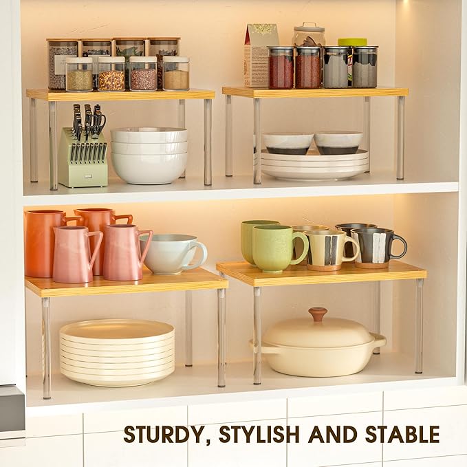 Jolitac Cabinet Organizer Shelf - Set of 2 Clear Acrylic Spice Rack, Stackable Pantry Storage Shelves for Kitchen Counter, Bathroom, Desk - Multi-Purpose Bamboo Space Saving Shelves, Easy Assembly