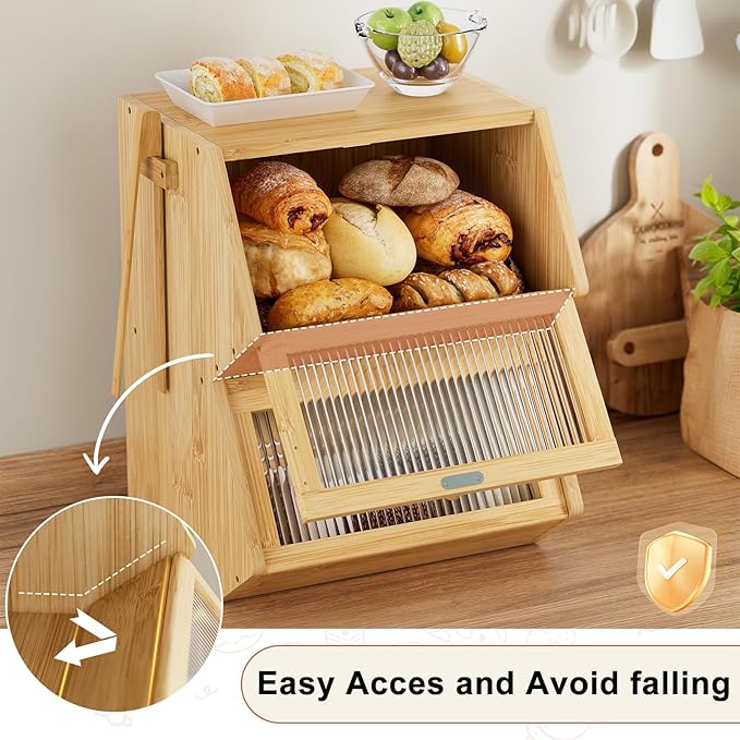 WOWLIVE Double Layer Bread Box for Kitchen Countertop, Large Bamboo Bread Storage Container for Homemade Bread, Farmhouse Bread Holder for Kitchen Counter Cabinet, Pantry, Cupboard (Natural, Medium)