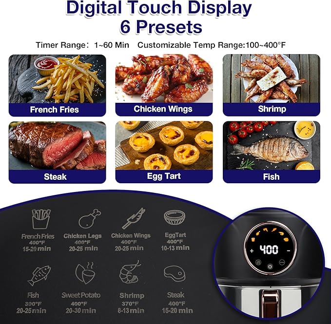 4.7QT Glass Air Fryer, 360° Viewable Glass Air Fryer Non Toxic, 6-IN-1 Preset Cook Modes, Digital Display, Adjustable Temp 100F - 400F, Nonstick, Dishwasher Safe, Black