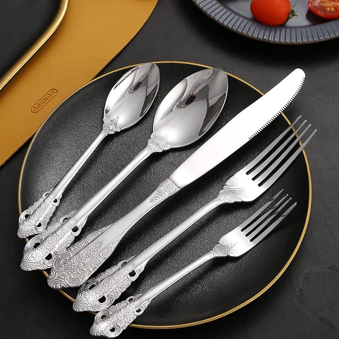Antique Silverware Set for 8 Silvery Royal Flatware Stainless Steel 40 Pieces Eating Utensils Vintage Fork Knife Spoon Luxury Home Kitchen Restaurant Festival Parties