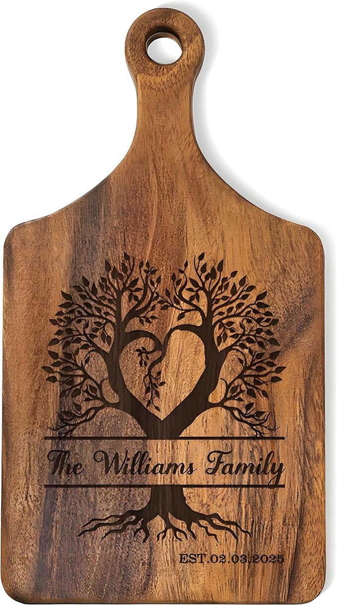 Personalized Wood Engraved Charcuterie Boards with Handle - Custom Reversible Cutting Board S M L - Customized Bridal Shower, Wedding, Anniversary and Housewarming Gifts (Tree of Life)