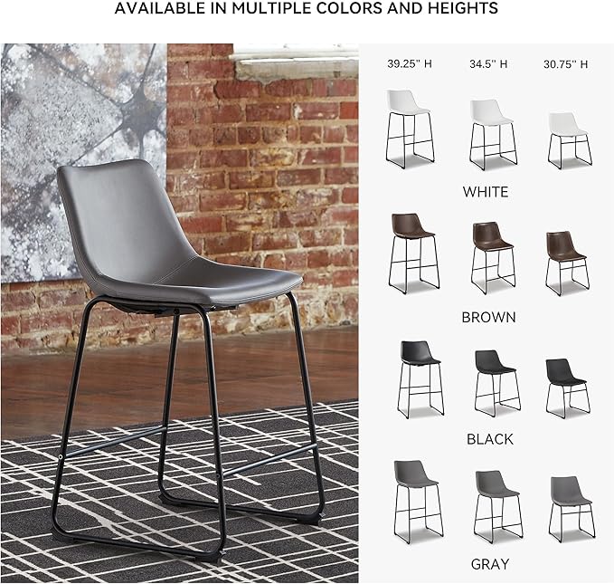 Signature Design by Ashley Centiar Modern Faux Leather 23.75" Counter Height Bucket Seat Barstool, Tubular Metal Base, Footrest for Comfort, Set of 2, Gray