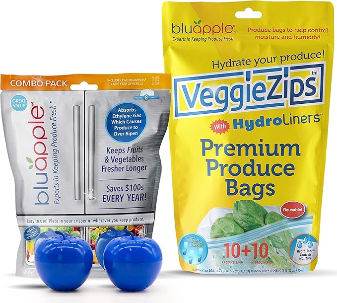 Bluapple Produce Saver Ethylene Gas Absorber & VeggieZips Ultimate Value Pack Produce Storage Preservation Kit - Keeps Fruit & Vegetables Fresher Longer, Regulates Humidity, & Reduce Waste