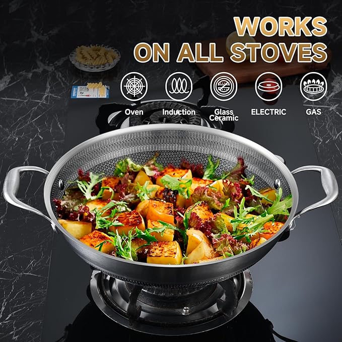 LOLYKITCH 12 Inch New Hybrid Tri-Ply Stainless Steel Wok Pan with Lid,Ceramic Nonstick Stir Fry Pans,Induction Cooking Pot,Dishwasher and Oven Safe