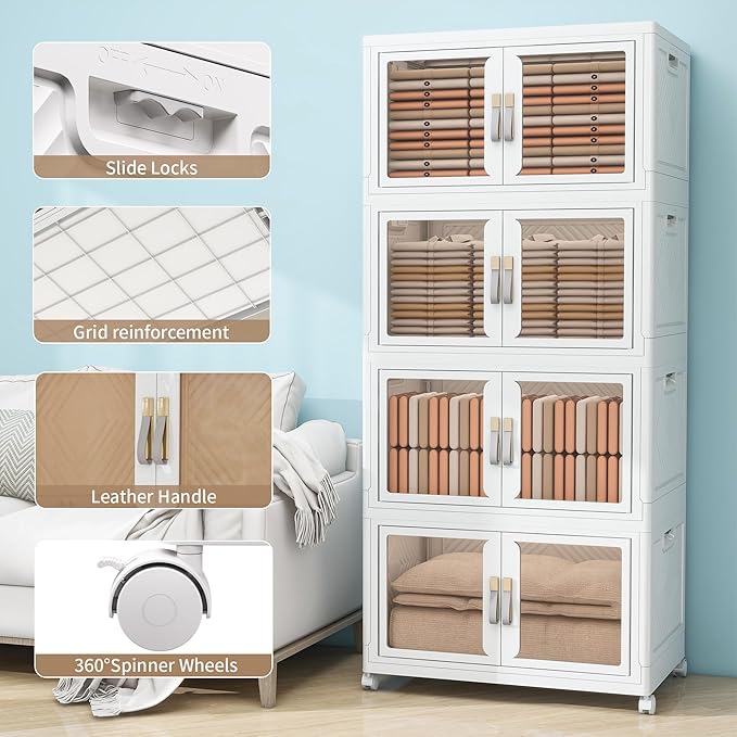 Large Stackable Storage Bins with Lids, 668QT-167QT*4Pack Foldable Cabinet for Closet Organizers, Plastic Storage Containers Box with Wheels