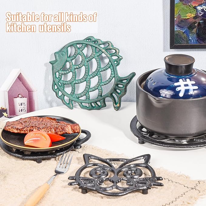 Sungmor Cast Iron Cute Fish Trivet for Wood Stove - Dia-7.5 Inch Dark Green Finish - Rustproof Round Stands for Hot Pots/Dishes/Pans - Decorative Metal Table Trivet for Kitchen Cooking