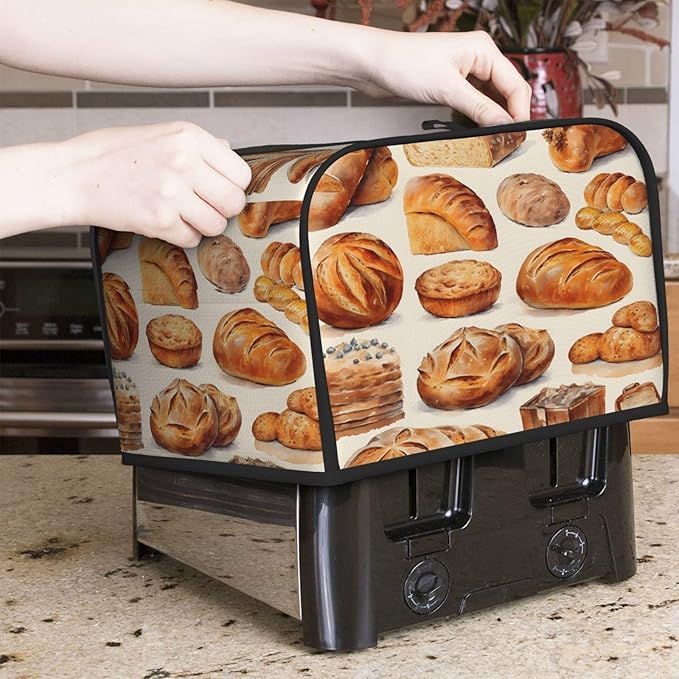 Bread Pattern 4 Slice Toaster Cover Wide Slot Dustproof Bread Maker Cover Fingerprint Bakeware Protection Kitchen Appliance Cover Toaster Bag