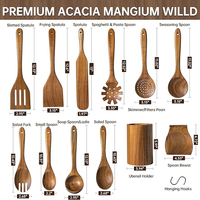 12 PCS Acacia Wooden Spoons for Cooking - Heat-Resistant, Comfort Grip,Easy to Clean, Non-stick Friendly - Kitchen Utensil Set with Holder, Spoon Rest & 6 Hooks, Ideal for Gifting