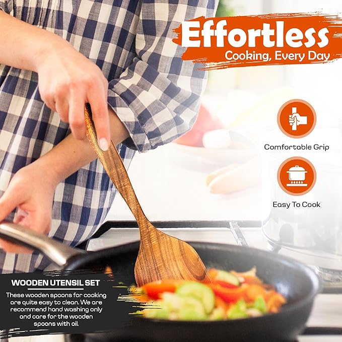2 Pcs Wooden spoons for cooking,(Spatula & Fried Spatula). Teak wood kitchen utensils set, Long handle frying turner, Non-stick and non-scratch spurtle for backing, frying and cooking.