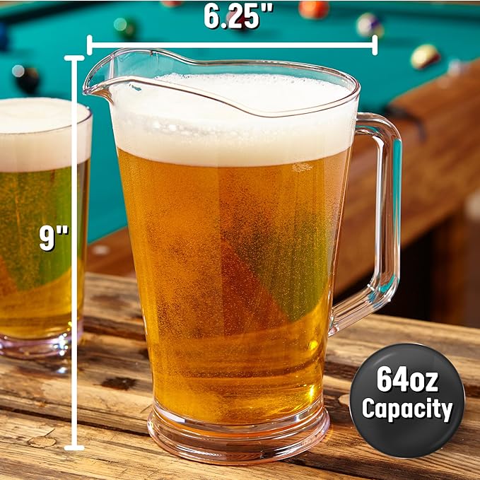 US Acrylic 64oz Bistro Clear Pitcher | Set of 2 Beer Pitchers | Reusable, BPA-free, Made in the USA, Indoor and Outdoor Pitcher Set for Water, Lemonade, Juice, Soda Pop, and Beer