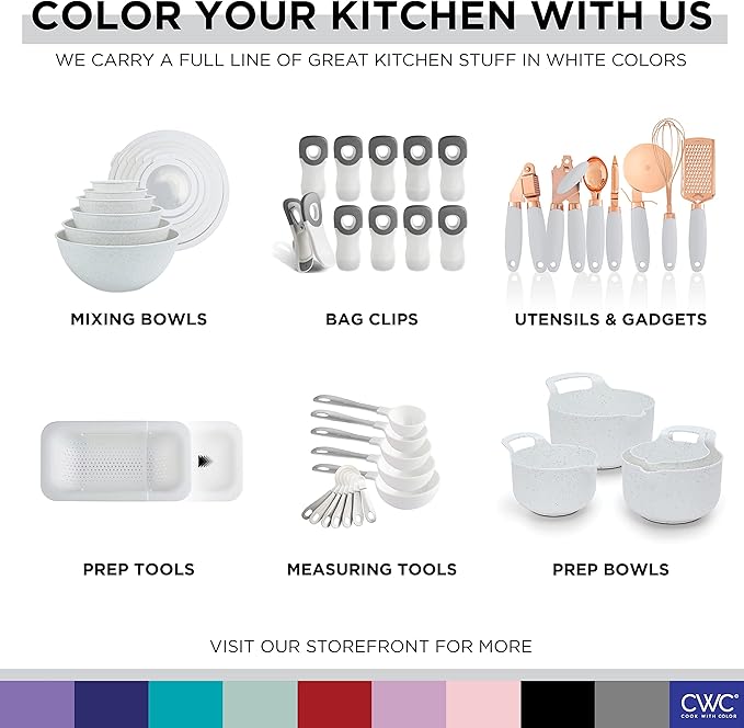 COOK WITH COLOR Nesting Plastic Mixing Bowl Set with Pour Spouts and Handles, Speckled White, 6 Piece Non-Slip