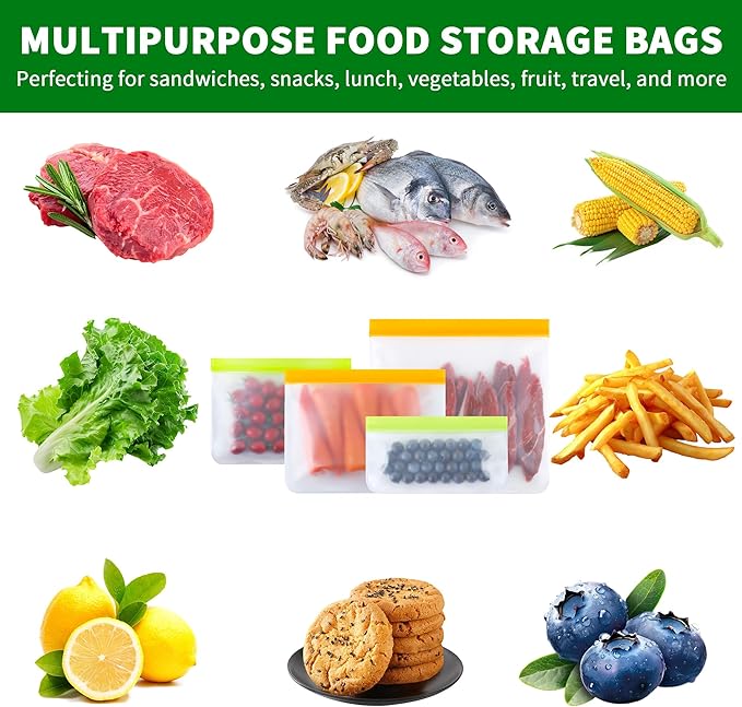 Reusable Freezer Bags 24 Pack Full Sizes Combo: 6 Snack, 6 Sandwich, 6 Quart, 6 Gallon | BPA Free, Dishwasher Safe & Leakproof | For Meal Prep, Lunch, Leftovers, Food Storage & Travel