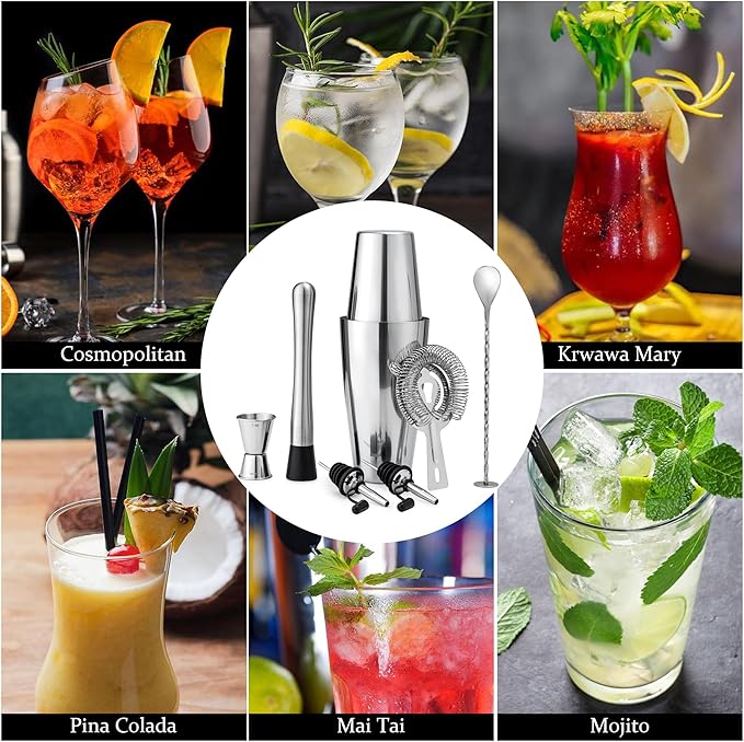 Boston Cocktail Shaker Set, 8-Piece Bartender Kit with 18oz & 28oz Shaker Strainer Muddler Jigger Mixing Spoon Pourers, Bar Accessories, Stainless Steel Martini Shaker, Bar Tools