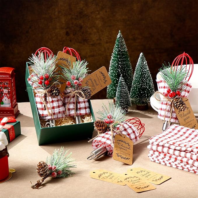 12 Sets Christmas Whisk Baking Supplies Gifts Sets Include Stainless Steel Whisk, Greeting Card, Snowfall Pine Branch, Plaid Towel, Rope for Xmas Neighbor Employee Stocking Stuffer Cooking (10 Inch)