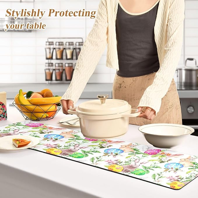 Easter Trivet Table Runner 40 Inches Long Easter Bunny Eggs in Grass Flowers Heat Resistant Hot Pad Multi Purpose Mat for for Hot Pots Pans Kitchen Countertops
