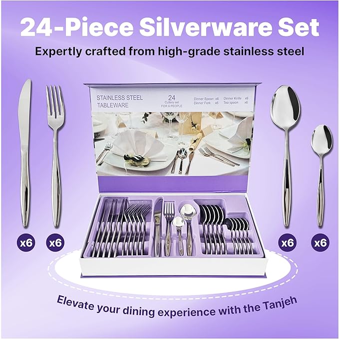 24-Piece Stainless Steel Silverware Set for 6, Stylish New Home Essential Kitchen Spoon and Fork Set, Mirror-Finish Sliver Flatware Cutlery Set for Home and Restaurant, Great Gift for Family & Friends