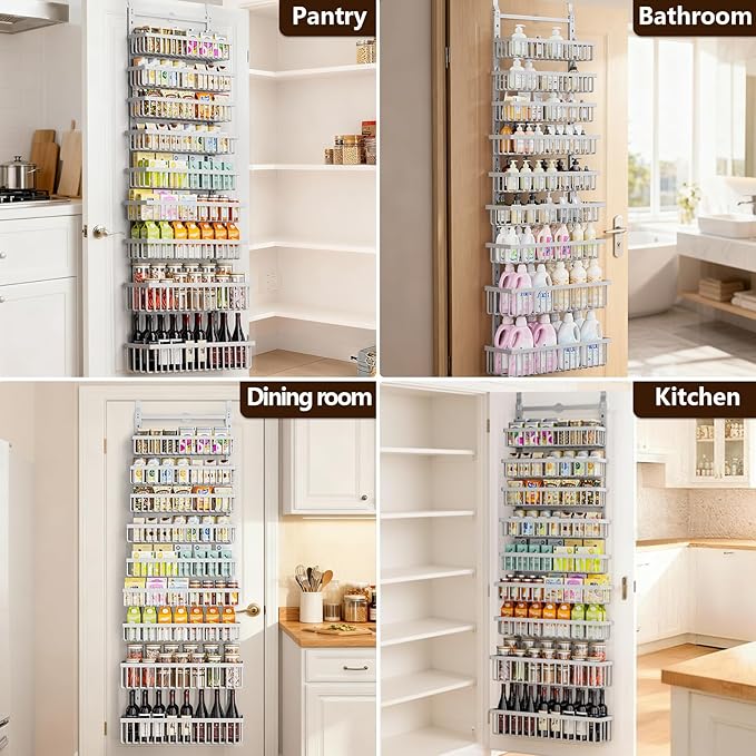 9 Tier Over The Door Pantry Organizer, 2 in 1 Wall Mount or Hanging Spice Rack with Adjustable Basket, Seasoning Organizer and Storage for Kitchen Cabinet Closet Bathroom