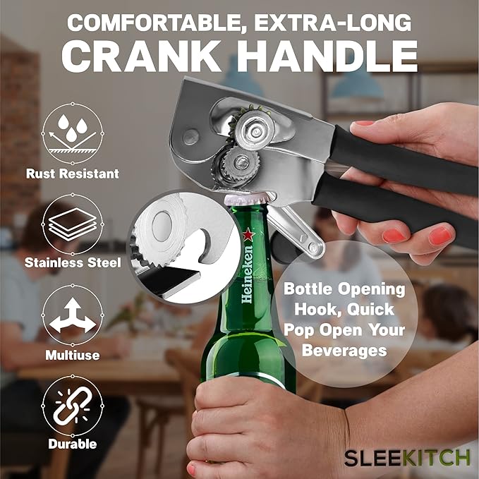 Commercial Can Opener, Manual Heavy Duty Hand Crank, Large Handheld Can Opener Easy for Big Cans, Swing Grip Design, Manual Can Opener with Comfortable Easy Crank Handle, Black