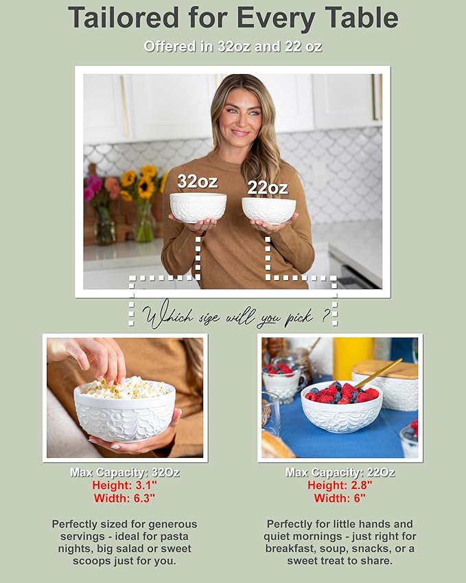 32Oz Ceramic Bowls for Kitchen with Nature-Inspired Engravings - Set of 4 - Versatile Ramen Bowl Set for Pasta, Chili, Oatmeal, Cereal, Rice, Fruit, Soup - Dishwasher, Microwave, Oven, Freezer Safe