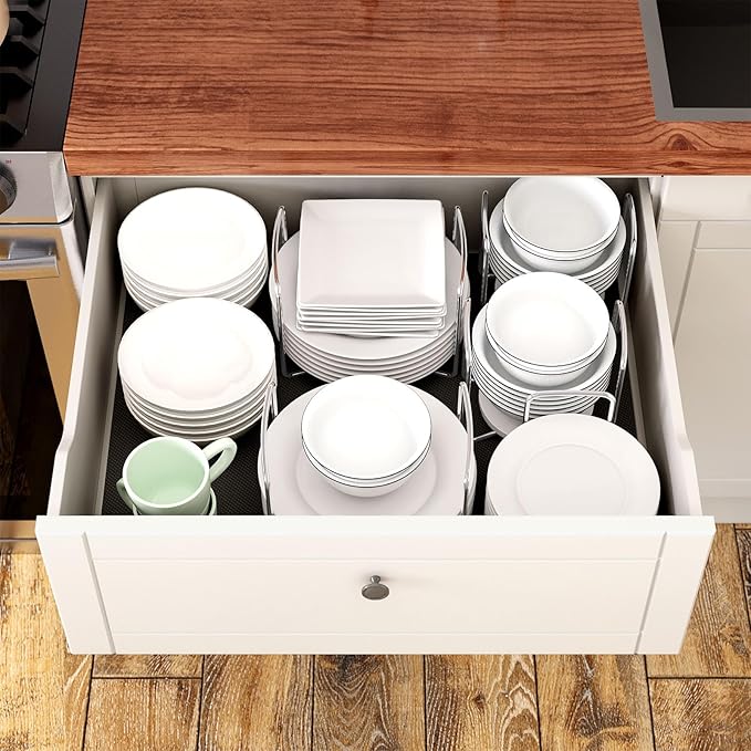 Dish Rack for Kitchen Countertop Organizer - Bamboo Plate Organizer for Cabinet Space Saver, Adjustable Stainless Steel 304 Plate and Bowl Holder with Portable Handle for Drawer Cupboard Shelf RV