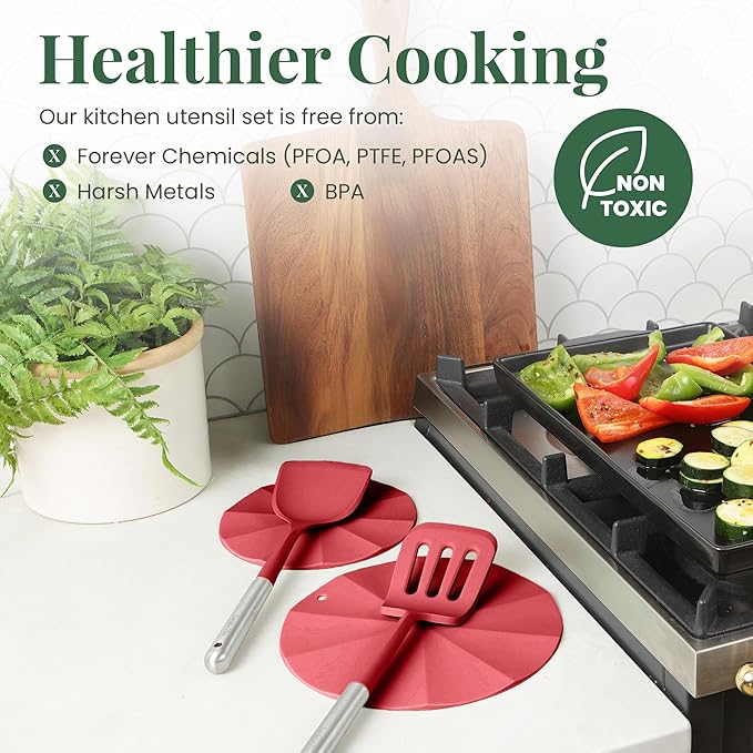 Larder & Vine 12-Piece Silicone Kitchen Cooking Utensils Set with Stainless Steel Handle and Ceramic Holder, Dishwasher Safe Set of Kitchen Essentials (Cabernet)