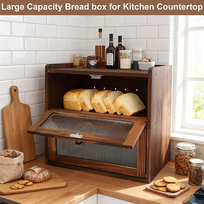 Wooden Bread Box for Kitchen Countertop Large Capacity Corner Bread Box Bread Storage Container with Clear Acrylic Window