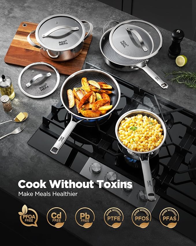 Pots and Pans Set Hybrid Stainless Steel, 10PC Nonstick Tri-Ply Cookware Set w/Frying Au Gratin pan, Dishwasher & Oven Safe, PFOA-Free, Metal Utensil Safe, Suitable for All Cooktops