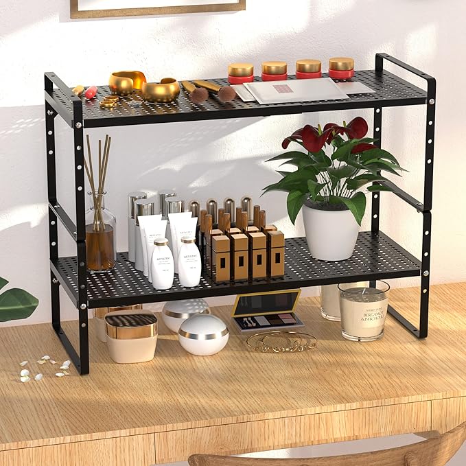 Cabinet Organizer Shelves,Expandable Spice Racks,Stackable Countertop Organizer,Adjustable Shelves for Under Sink,Storage Racks for Kitchen Bathroom Home Office,Black,3 Packs