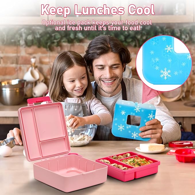 Chill Bento Lunch Box for Kids Adult with Ice Pack,Leak Proof 3 Compartments Lunch Container for Kids,Ice Pack Detachable Bento Box,BPA Free,Dishwasher & Microwave Safe-Pink
