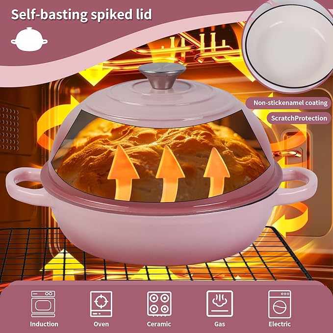 Dutch Oven for Sourdough Bread Baking, Enameled Cast Iron Dutch Oven Pot with Lid, Dome-Shaped Bread Dutch Ovens, 6 Qt, (Pink)