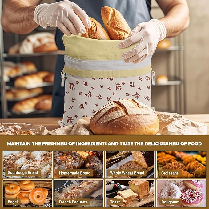 Large Linen Beeswax Bread Bags(2 Pack) Sourdough Bread Bags Reusable Double-Lock Freezer Baking Container Gift Giving for Homemade,Loaf,Sourdough,Food Storage (Flowers 1)