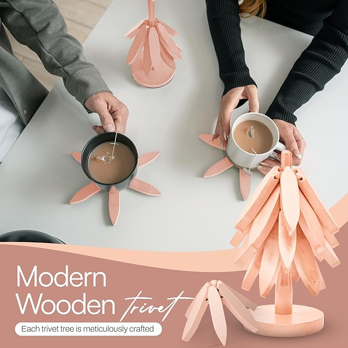 Wooden trivets for hot Dishes – 4 Tree-Shaped Coasters & 1 Stand for Hot Pots, Dishes | Heat-Resistant, Space-Saving Pot Rest & Cozy Kitchen Decor, Tree Trivets for Counter + Special Bonus (Blush)