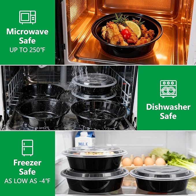 Meal Prep Containers Reusable 50 Pack-24 oz Food Storage Containers with Lids To Go Food Containers Takeout, Microwave Dishwasher Freezer Safe, Stackable, BPA Free, Plastic (Black)