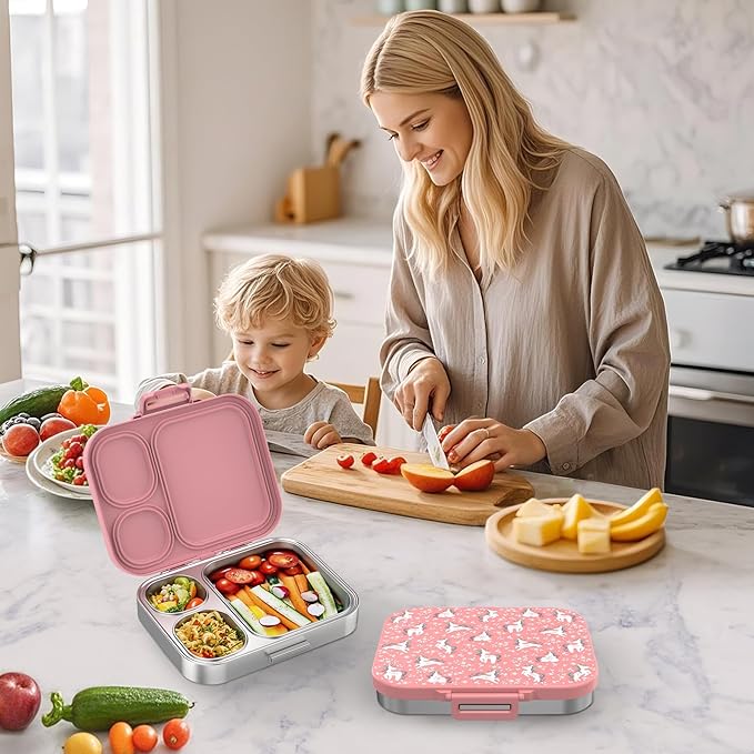 Stainless Steel Kid Lunch Box, Leak-Proof with free sealing Bento Box 3 Compartments Pink Girl