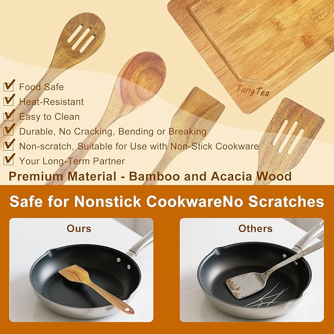 Acacia Wooden Cooking Spoons with Bamboo Cutting Board Set – 4 PCS Acacia Wood Kitchen Utensils, Spatula Spoon for Nonstick Cookware, Gift for Housewarming Wedding