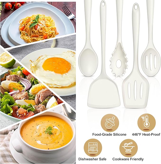 TeamFar Silicone Cooking Utensils Set, 5-Piece Heat Resistant Kitchen Utensils Set, Nonstick Slotted Solid Spoon Turner Pasta Server for Frying, Serving, Mixing, Non-Toxic & Dishwasher Safe, White
