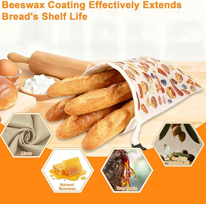 3 Pack Beeswax Bread Bags for Homemade Bread & Sourdough,Reusable Organic Linen Beeswax Sourdough Bread Bags with Linen Bowl Cover,17 x 13" Food Storage Cloth Bag-Keeps Bakes Fresh Longer
