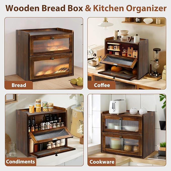 Bread Box for Kitchen Countertop, 2 Layer Large Capacity Wooden Bread Storage Container with Clear Wavy Acrylic Window Breadbox Holder Keeper Farmhouse Food Organizer