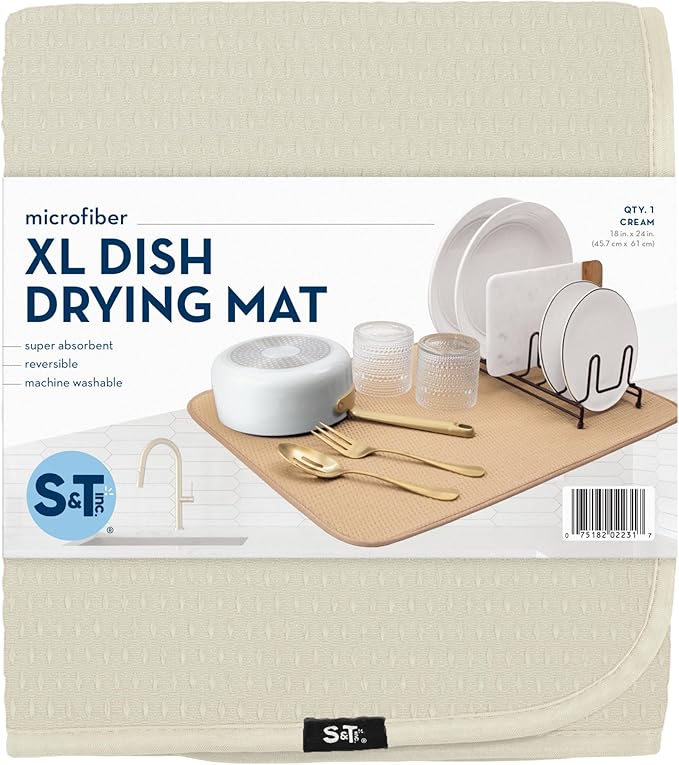 S&T INC. Dish Drying Mat XL, 18” x 24”, Absorbent Microfiber Kitchen Counter Mat, Drying Pad for Dishes, Utensils, Pots and Pans, Extra Large, Diamond Texture, Cream