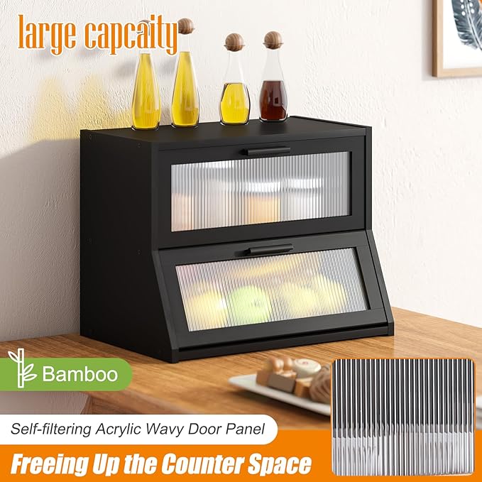 GHWIE Double Layer Bamboo Bread Box for Kitchen Counter,Large Capacity Bread Storage Bin,Bread Container with Acrylic Wavy Door Panel (Black, Medium)