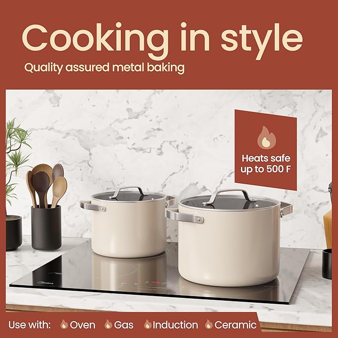 Bakken 5 Quart Ceramic Coated Stock Pot with Lid, Easy to Clean Nonstick Pot, Tempered Glass Lid, Riveted Stainless Steel Handles, Oven Safe Up To 500°F, PTFE & PFAS Free, All Stove Compatible, Cream