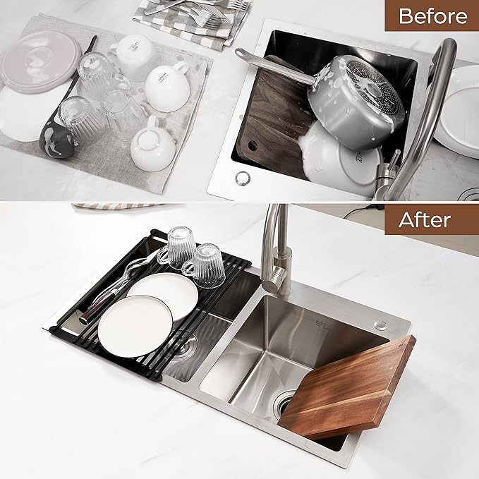Multipurpose Roll-Up Dish Drying Rack - Silicone Wrapped, Heat-Resistant, Anti-Slip - Perfect for Small Kitchen Sink, 17" x 13"
