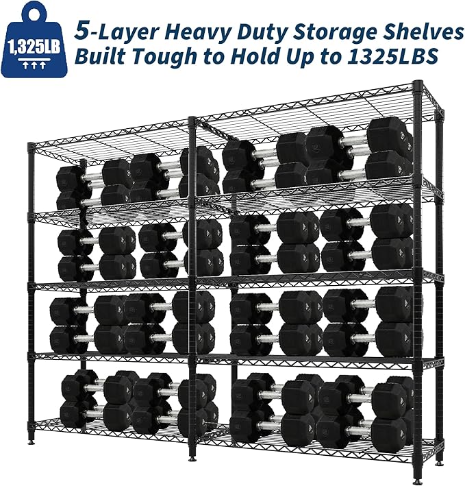 GAOMON 70" W Storage Shelves Metal Shelving Unit, 1325 LBS Heavy Duty Wire Shelving 5-Tier L-Shaped Storage Rack with Adjustable Shelf for Pantry Kitchen Corner Bedroom
