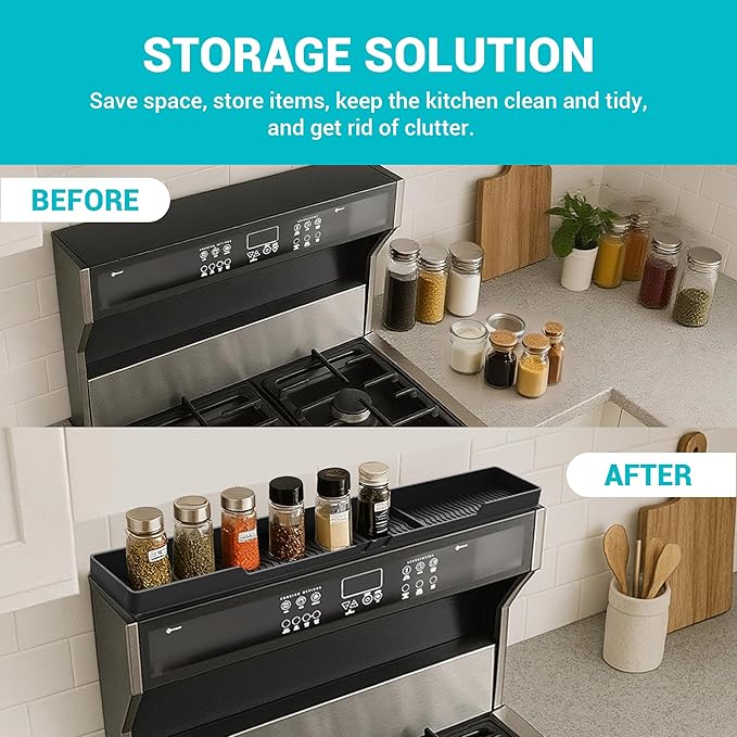 30" Stove Top Shelf, Soft and Heat Resistant,With 6 Suction Points,Fixed 3 Compartment Design For Storing Spices And Cooking Tools, Space Saving, Suitable For The Back Of The Stove, Black.