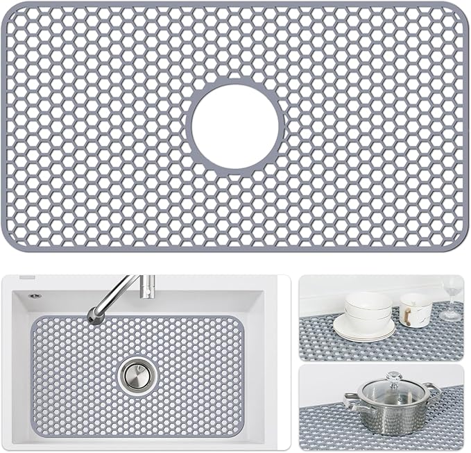 Silicone Sink Mat - Protectors for Kitchen Sink with Center Drain, 26"x 14" Kitchen Grid Accessory, Non-Slip Heat-Resistant Mat for Bottom of Farmhouse Porcelain Stainless Steel (Center Hole)