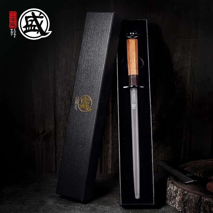 MITSUMOTO SAKARI 12 Inch Knife Sharpener Rod, Round Knife Honing Rod, High Carbon Honing Steel