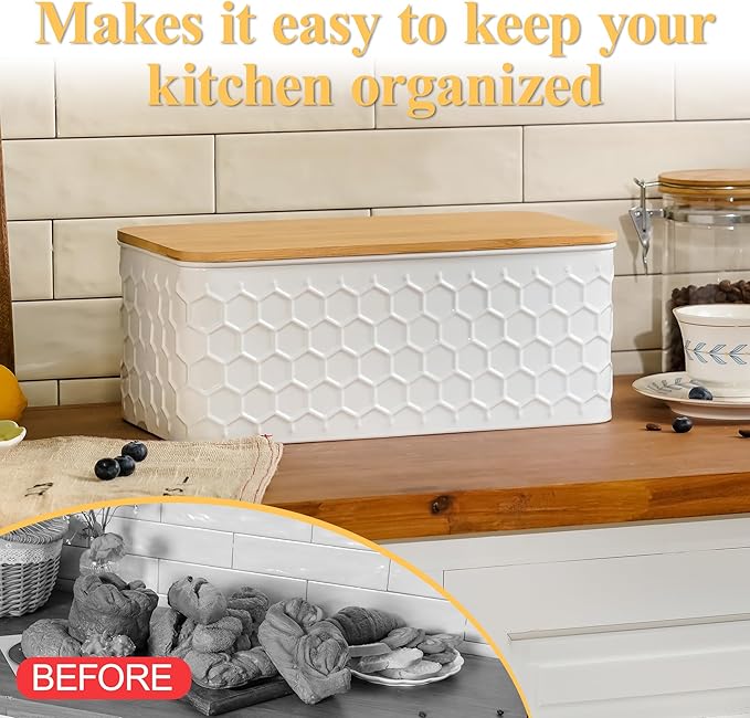 Large Bread Box for Kitchen Countertop Corner Breadbox for Homemade Bread Metal White Honeycomb Pattern Embossed Bread Storage Container Bin with Bamboo Lid
