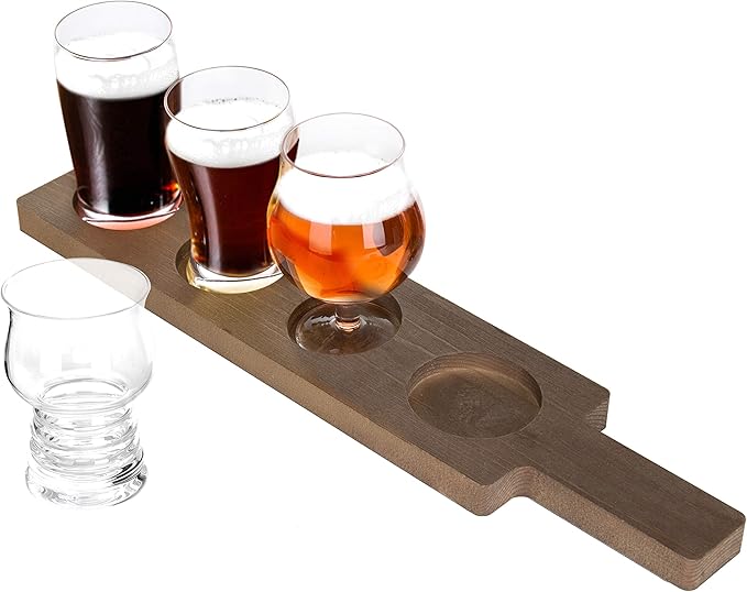 MyGift Rustic Solid Wood Sampler Tray Beer Flight Holder Serving Set with 4 Glasses and Erasable Chalkboard Label (Brown Solid Wood)