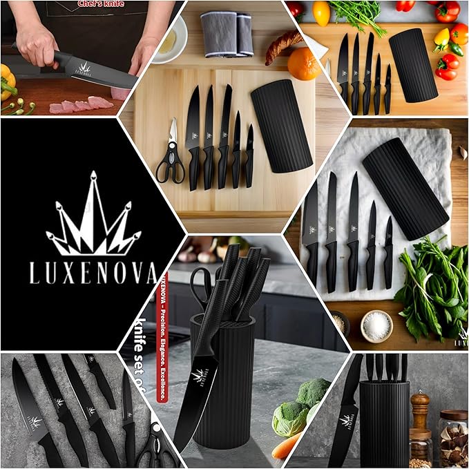 7-Piece Kitchen Knife Set – Ultra Sharp Stainless Steel Knives with Universal Block, 5-Piece Chef Knife Set, Kitchen Scissors – Non-Slip Black Handles, Modern Countertop Set